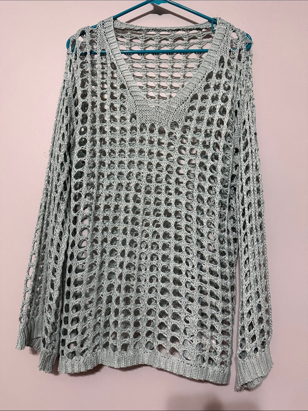 Light Gray Open-Knit V-Neck Women’s Sweater